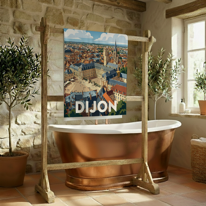 Serviette de bain souvenir de la ville de Dijon avec une illustration stylisée de son centre historique.