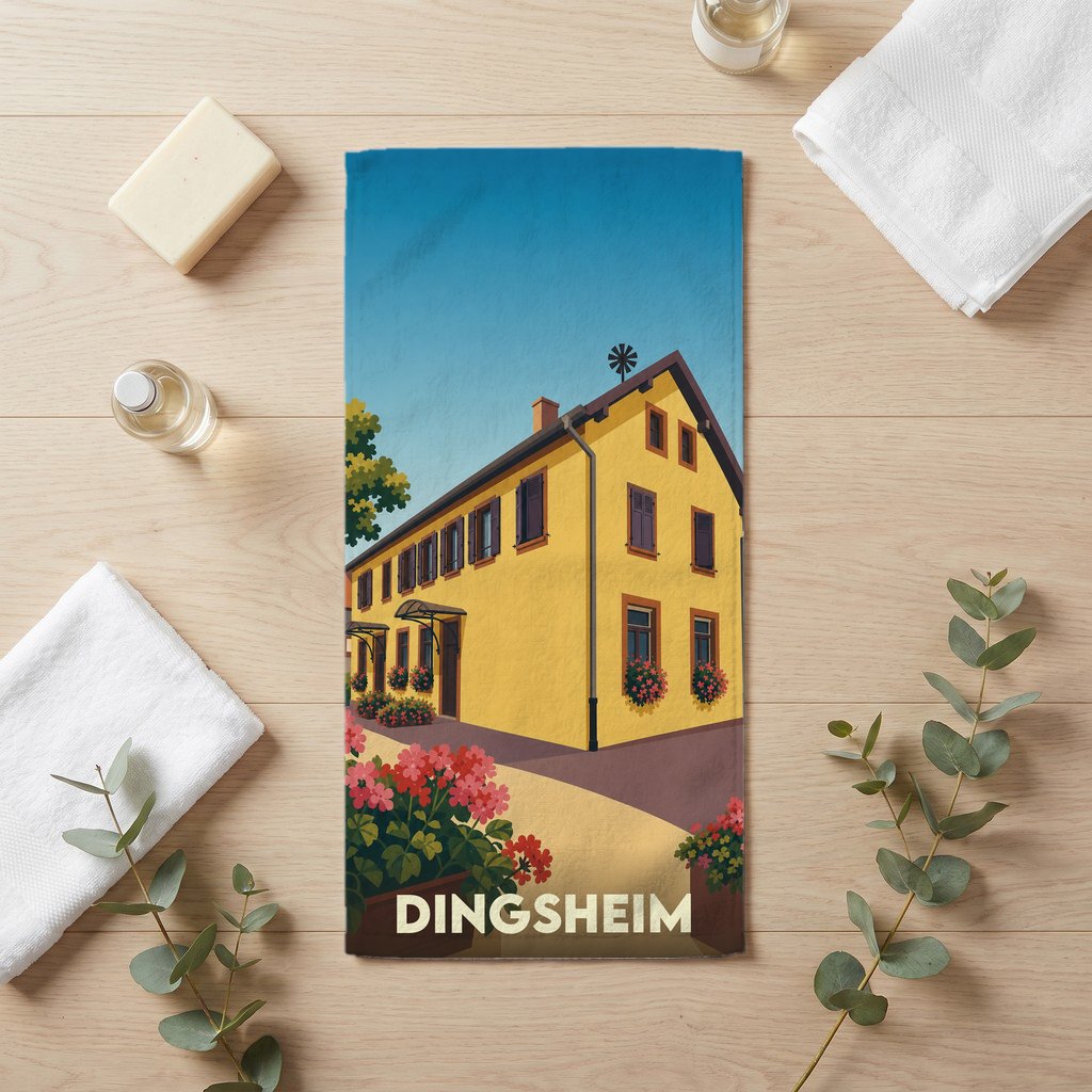 Serviette de bain souvenir de la ville de Dingsheim avec une illustration stylisée d'une maison alsacienne.
