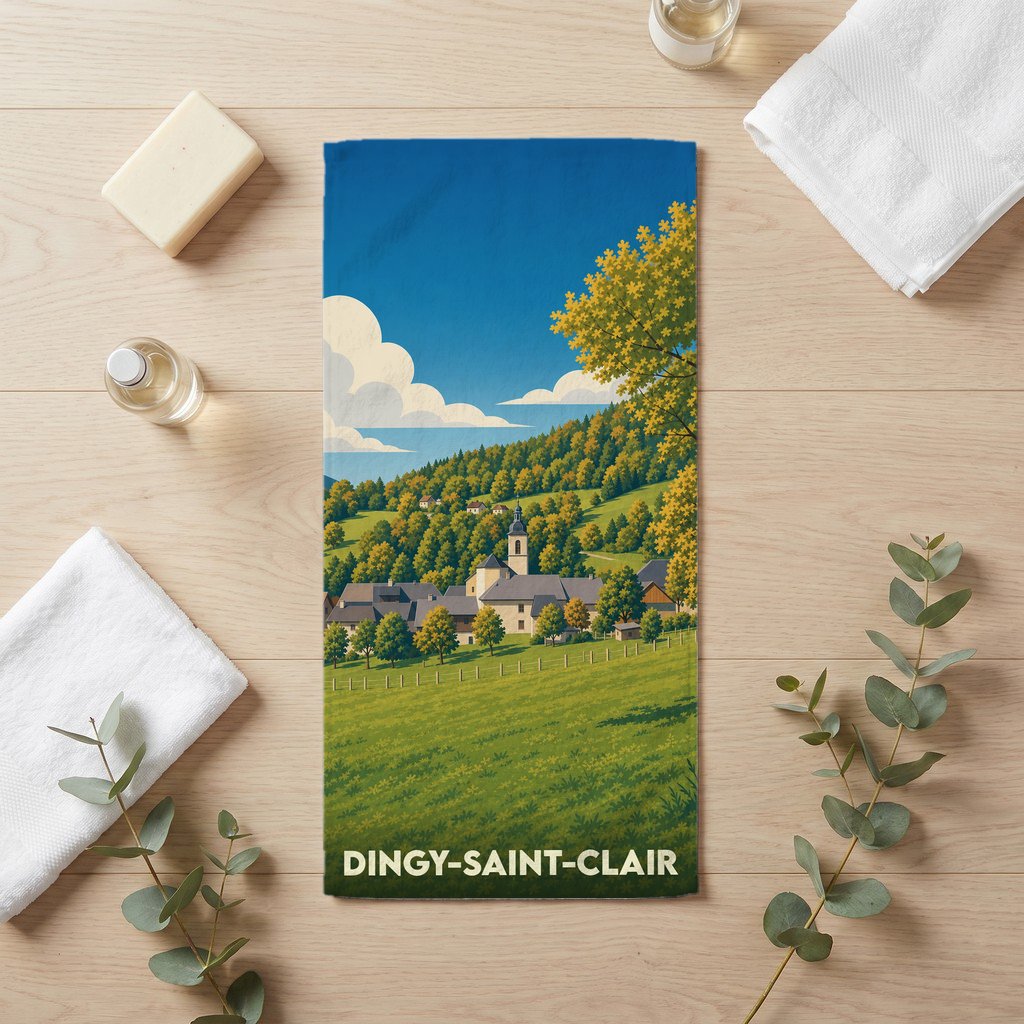 Serviette de bain souvenir de la ville de Dingy-Saint-Clair avec une illustration stylisée de son paysage vallonné.