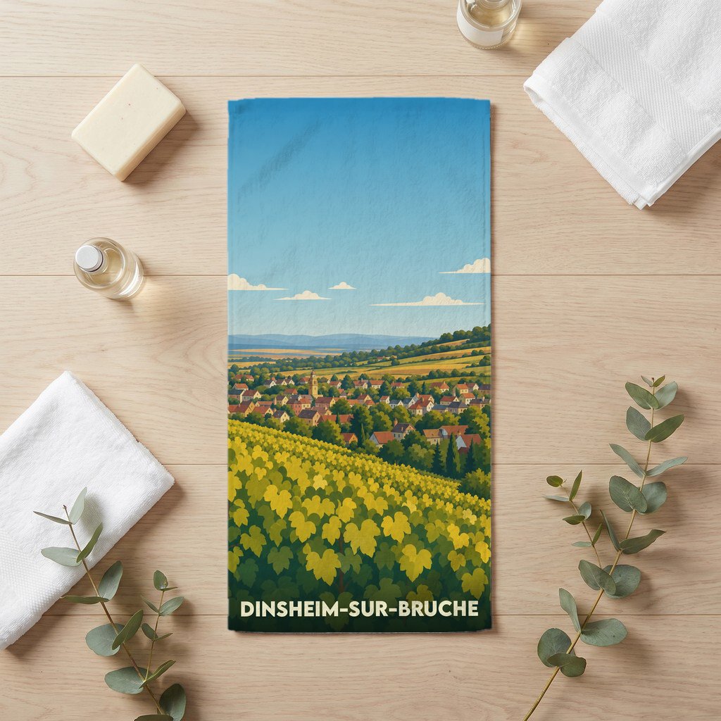 Serviette de bain souvenir de Dinsheim-sur-Bruche avec une illustration stylisée de vignobles et du village.