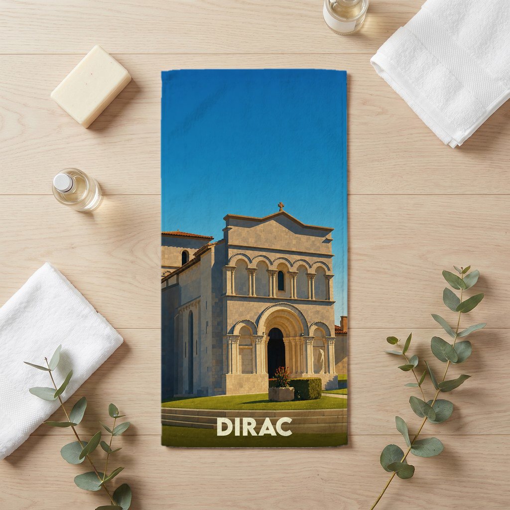 Serviette de bain souvenir de la ville de Dirac avec une illustration stylisée de son église romane.