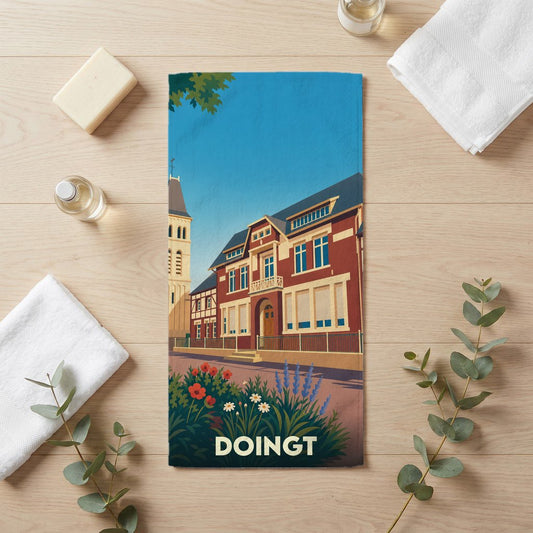 Serviette de bain souvenir de la ville de Doingt avec une illustration stylisée.