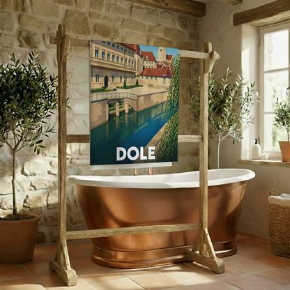 Serviette de bain souvenir de la ville de Dole avec une illustration stylisée.