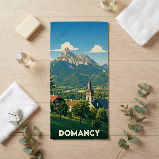 Serviette de bain souvenir de la ville de Domancy avec une illustration stylisée de montagne et de village.