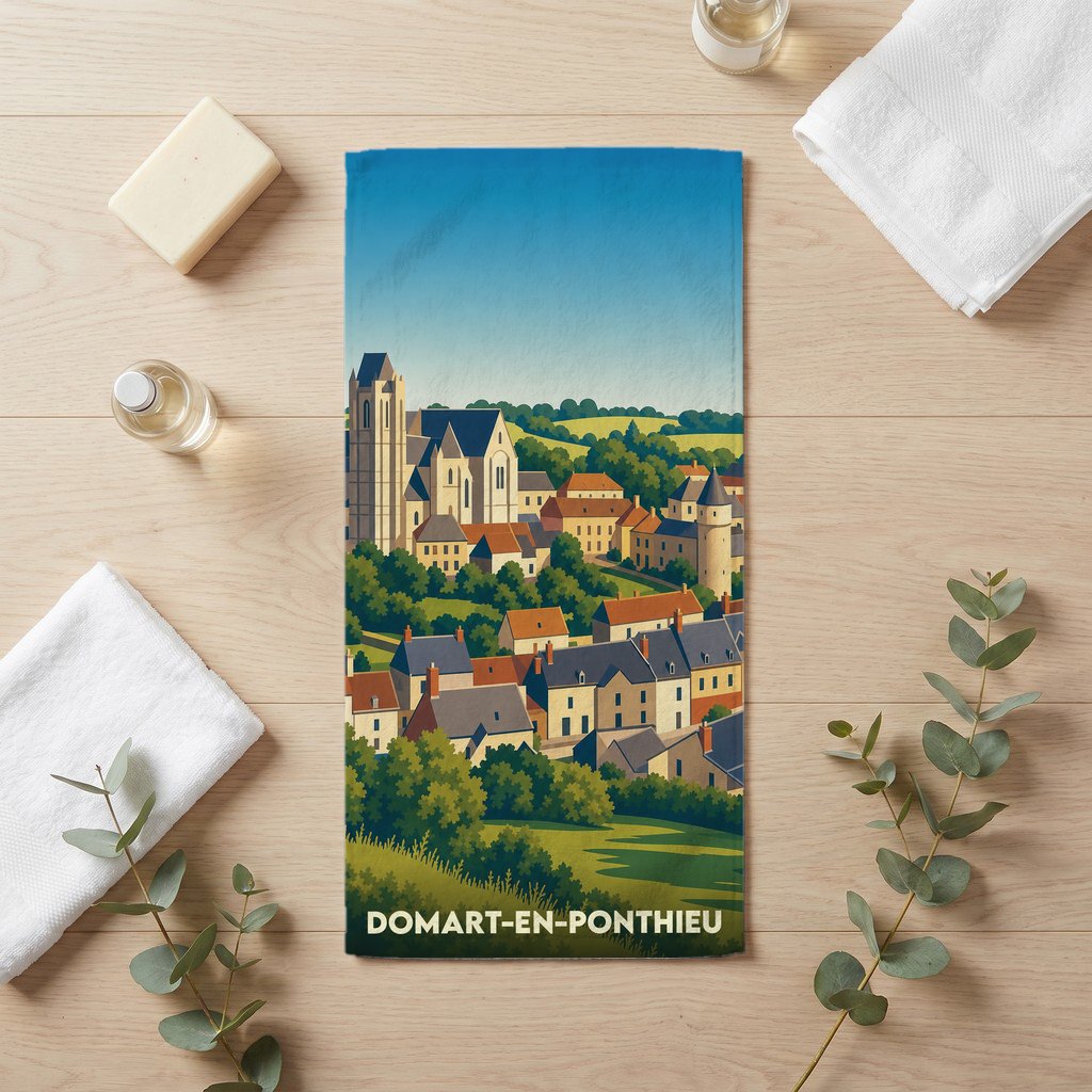 Serviette de bain souvenir de Domart-en-Ponthieu ornée d'une illustration stylisée du village et de son église.