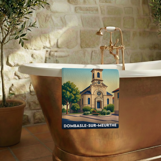 Serviette de bain souvenir de la ville de Dombasle-sur-Meurthe avec une illustration stylisée.