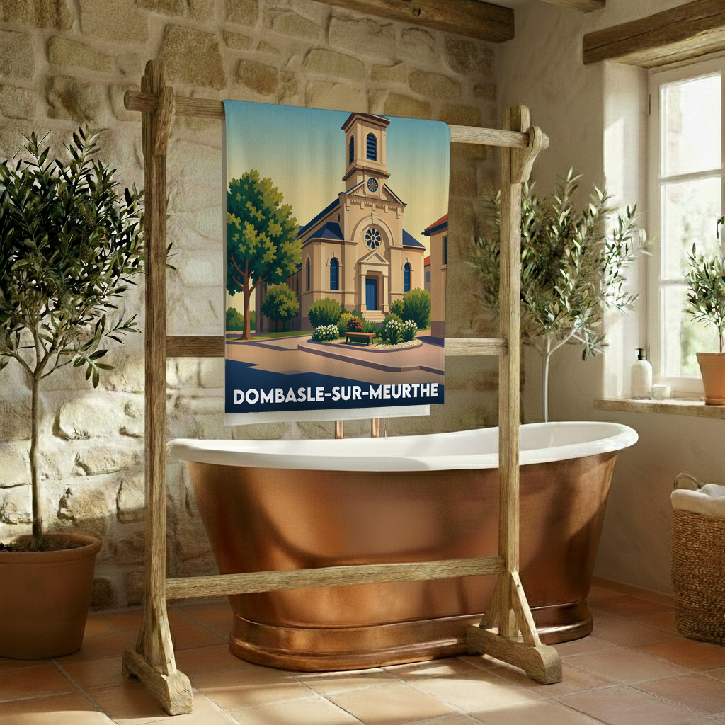 Serviette de bain souvenir de la ville de Dombasle-sur-Meurthe avec une illustration stylisée de son église.