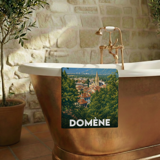 Serviette de bain souvenir de la ville de Domène illustrée d'un paysage pittoresque.