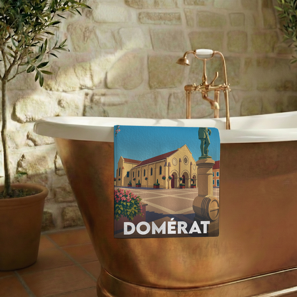 Serviette de bain souvenir de la ville de Domérat avec une illustration stylisée.