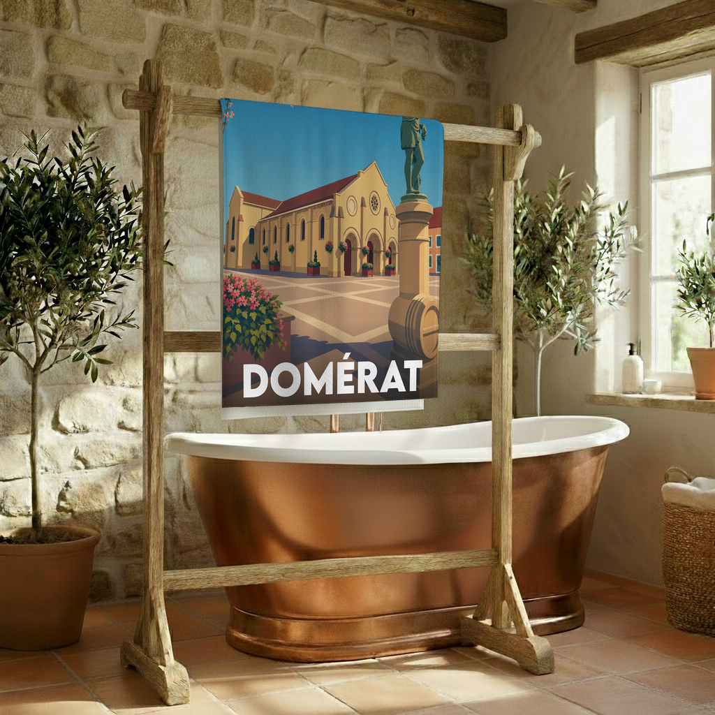 Serviette de bain souvenir de la ville de Domérat avec une illustration stylisée.