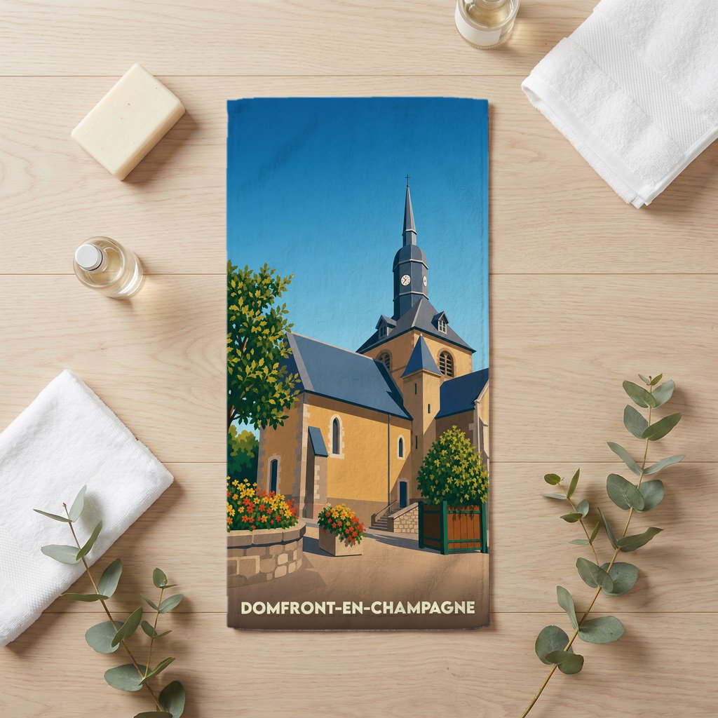 Serviette de bain souvenir de la ville de Domfront-en-Champagne avec une illustration stylisée de son église.