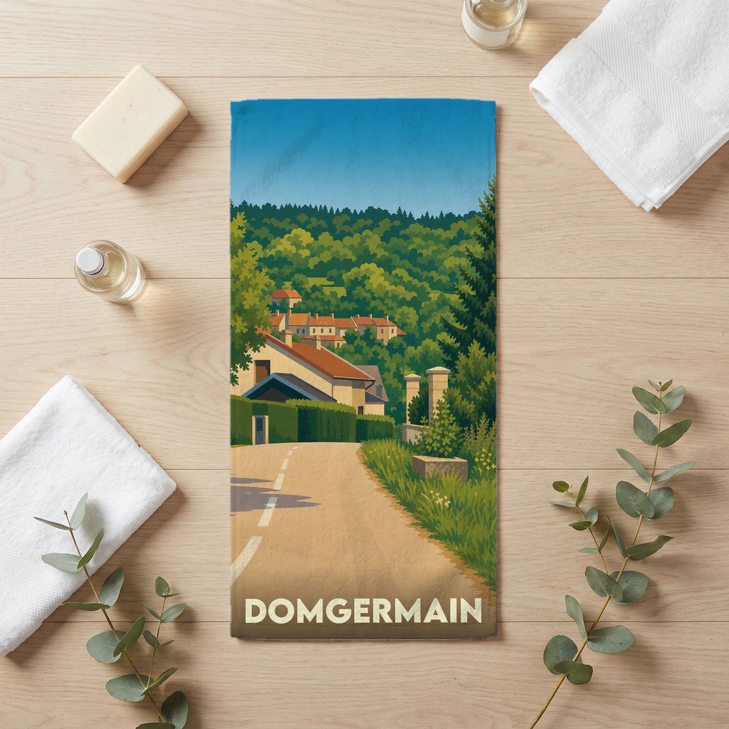 Serviette de bain souvenir de la ville de Domgermain illustrant un paysage de campagne stylisé.