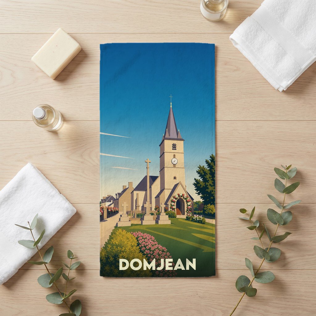 Serviette de bain souvenir de la ville de Domjean illustrée par une église stylisée sous un ciel bleu.