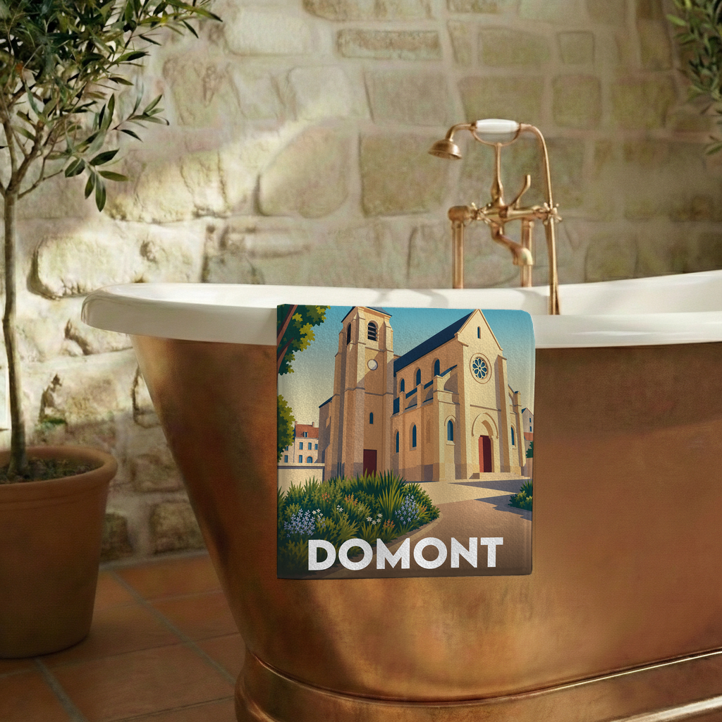 Serviette de bain souvenir de la ville de Domont avec une illustration stylisée.