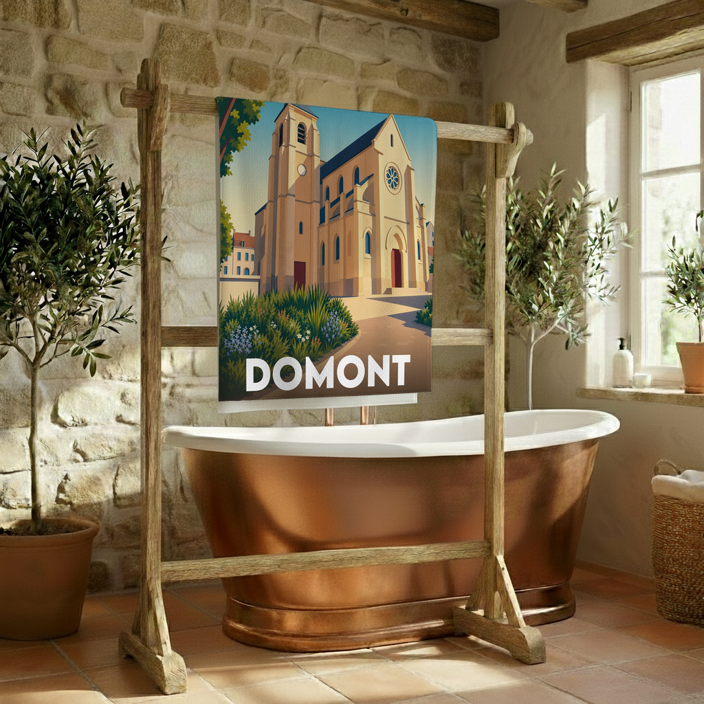 Serviette de bain souvenir de la ville de Domont avec une illustration stylisée.