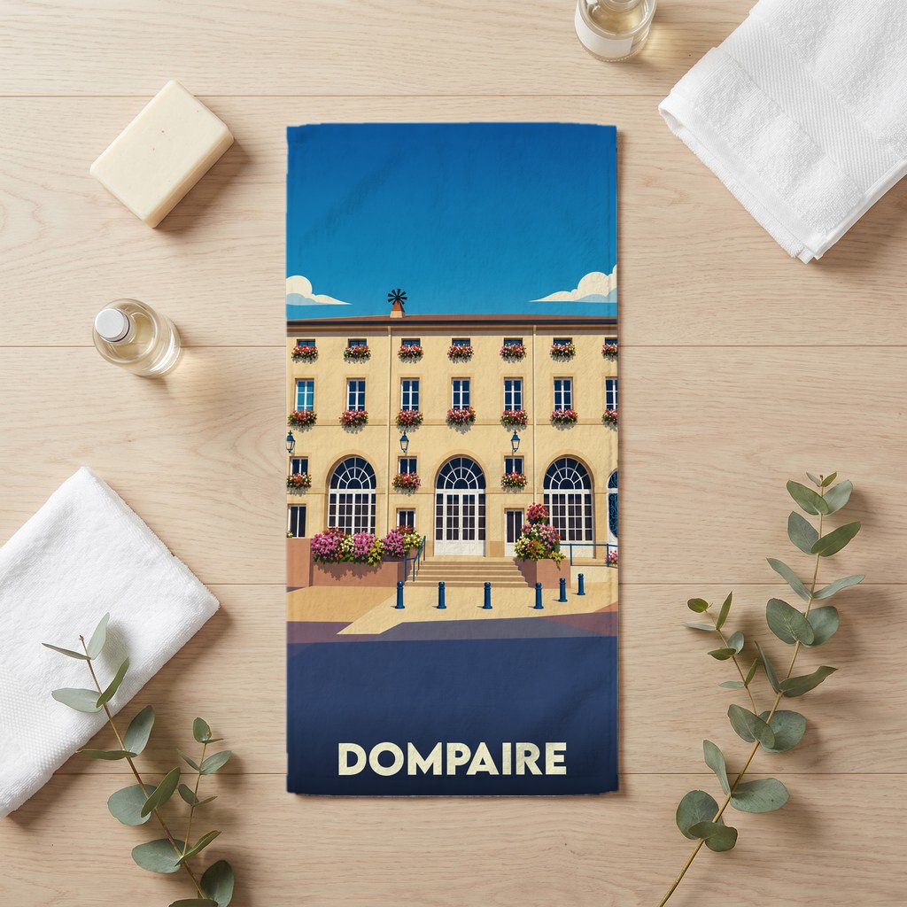 Serviette de bain souvenir de la ville de Dompaire avec une illustration stylisée d'un bâtiment fleuri.