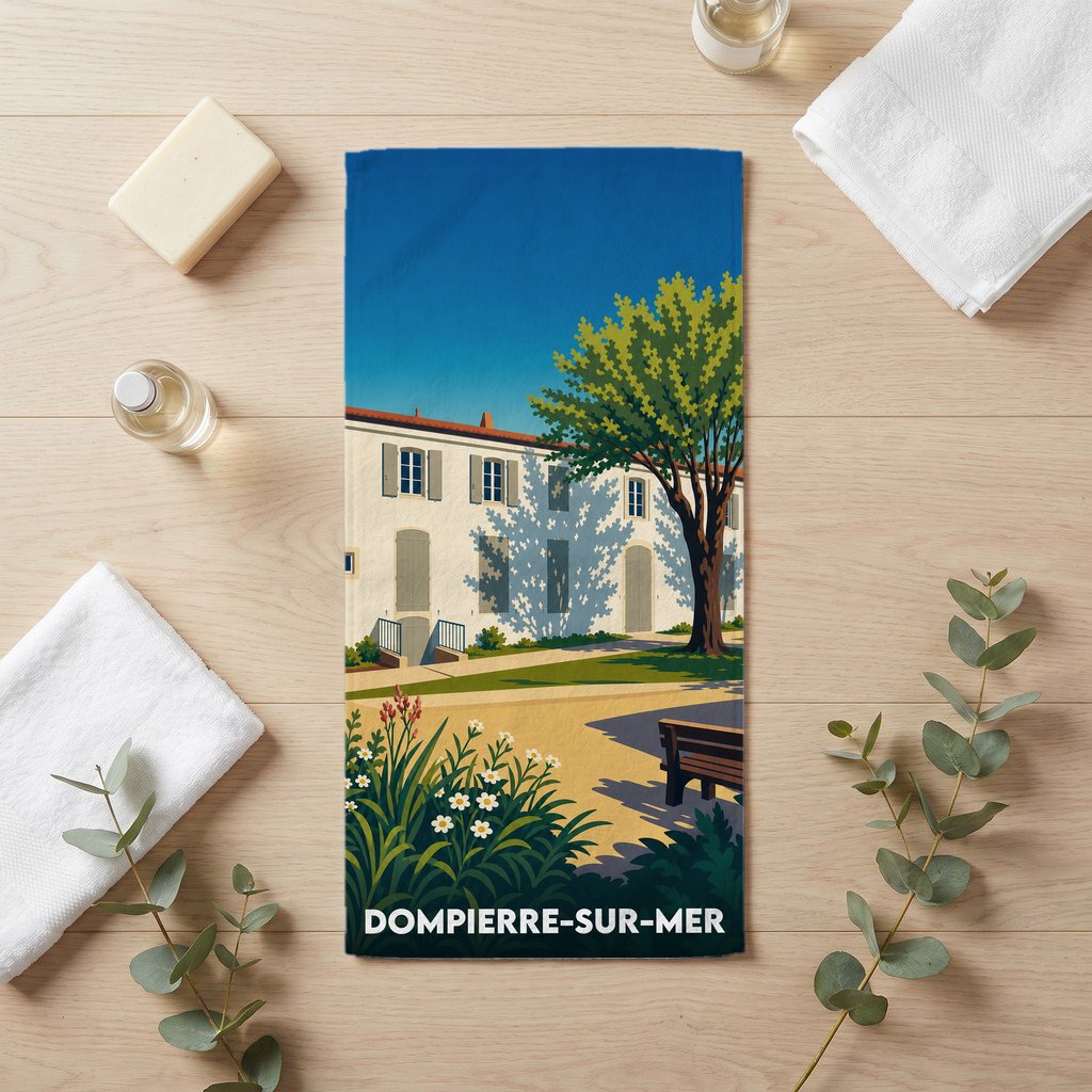 Serviette de bain souvenir de Dompierre-sur-Mer avec une illustration stylisée d'un parc ensoleillé.