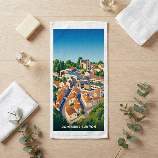 Serviette de bain souvenir de Dompierre-sur-Yon illustrée d'une vue panoramique de la ville.