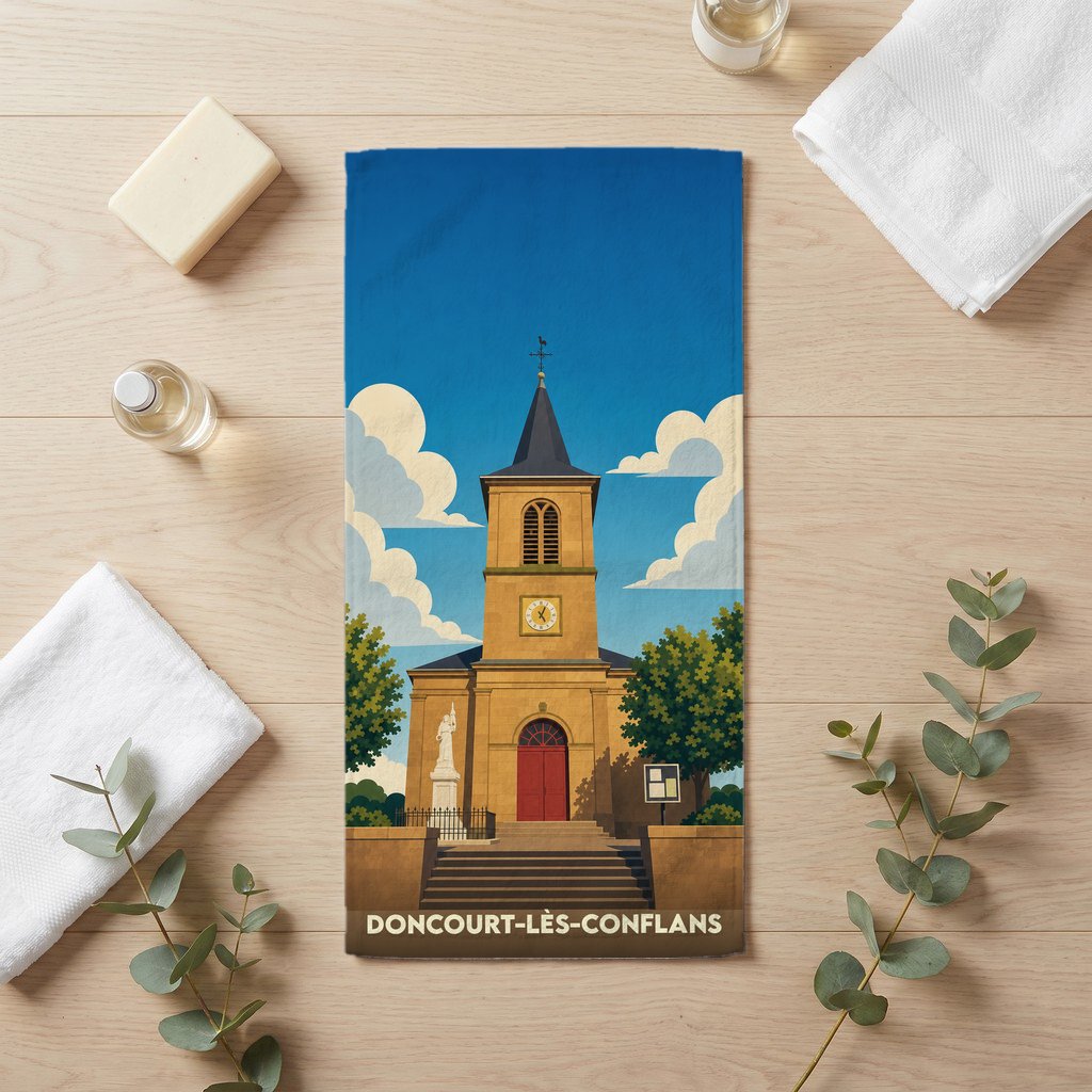 Serviette de bain souvenir de la ville de Doncourt-lès-Conflans avec une illustration stylisée de son église.
