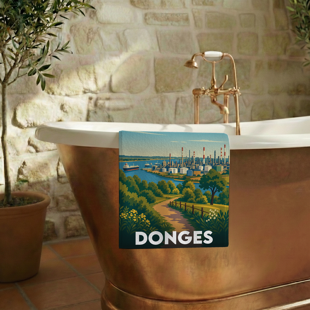 Serviette de bain souvenir de la ville de Donges avec une illustration stylisée.