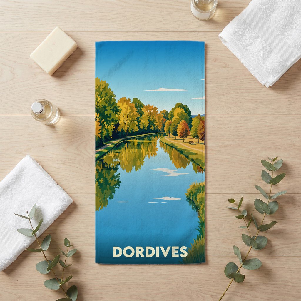 Serviette de bain souvenir de la ville de Dordives avec une illustration stylisée de son canal.
