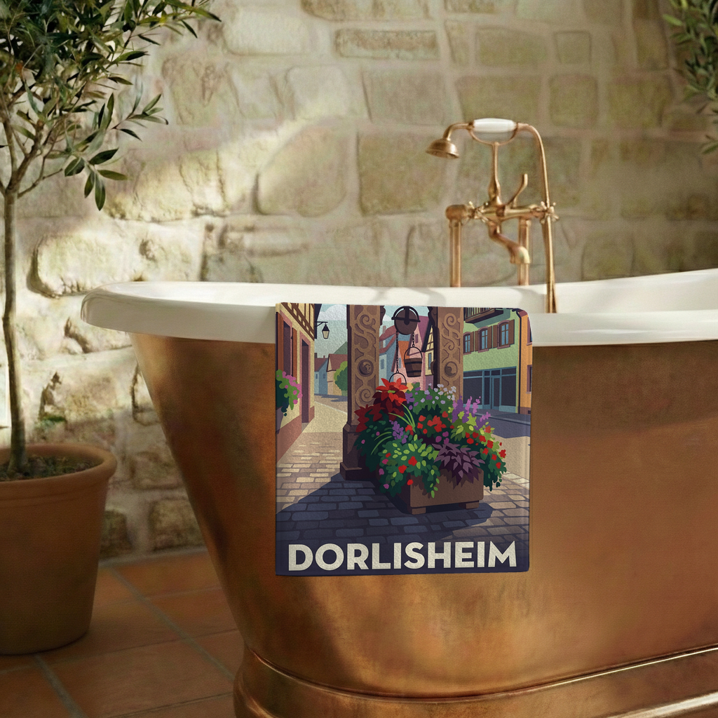 Serviette de bain souvenir de la ville de Dorlisheim avec une illustration stylisée.