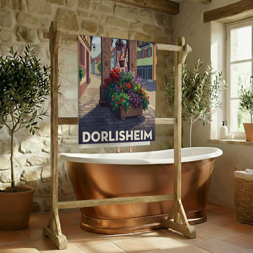Serviette de bain souvenir de la ville de Dorlisheim avec une illustration stylisée.