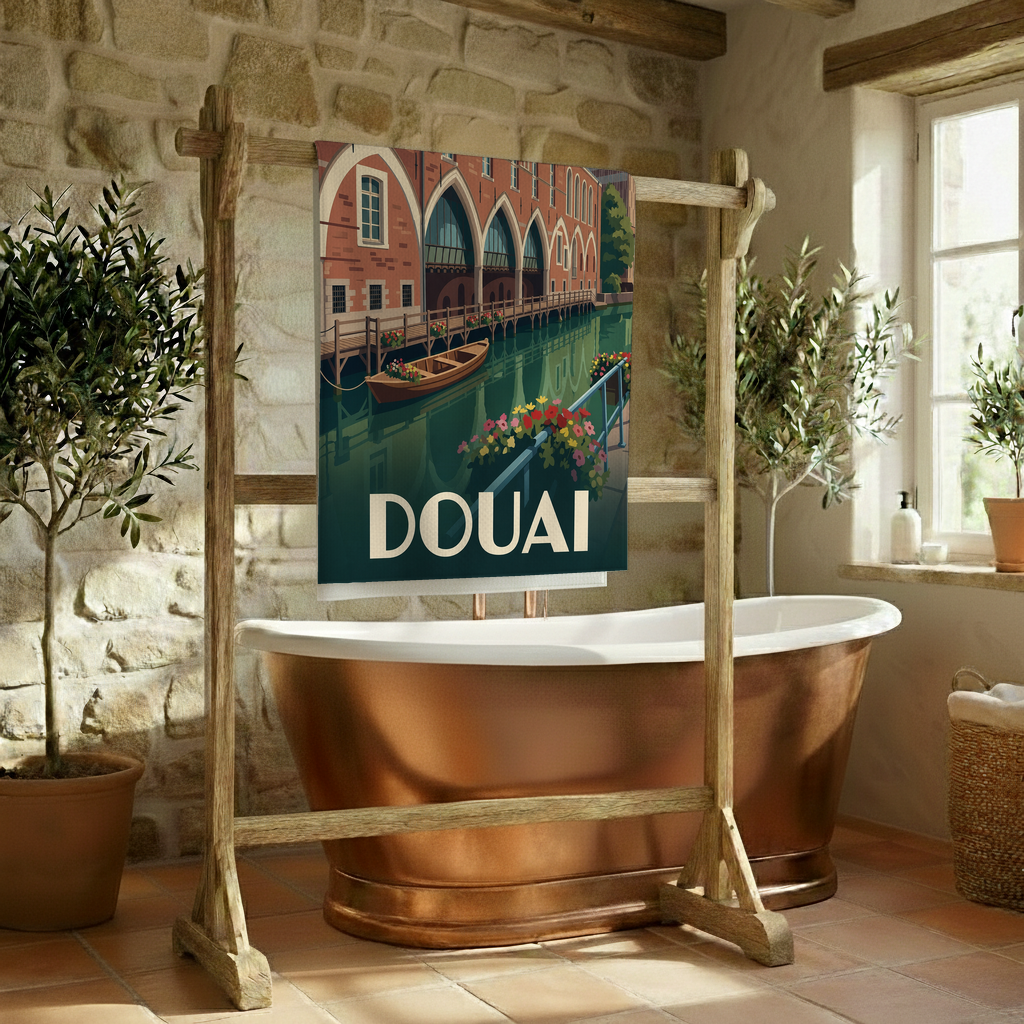 Serviette de bain souvenir de la ville de Douai avec une illustration stylisée.