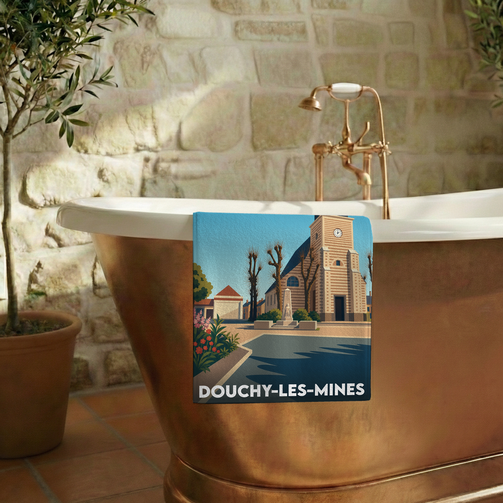 Serviette de bain souvenir de la ville de Douchy-les-Mines avec une illustration stylisée de son église.