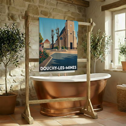 Serviette de bain souvenir de la ville de Douchy-les-Mines avec une illustration stylisée.