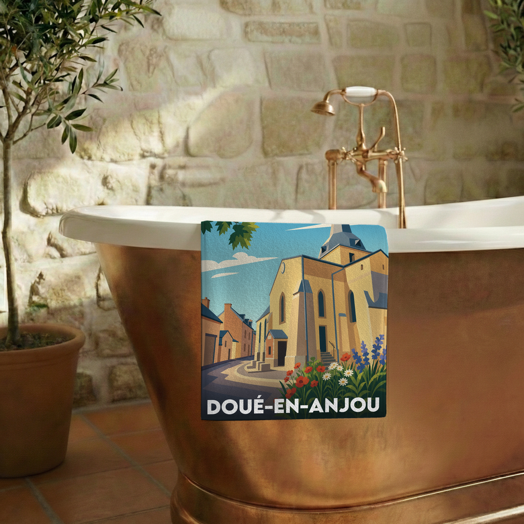 Serviette de bain souvenir de la ville de Doué-en-Anjou avec une illustration stylisée.