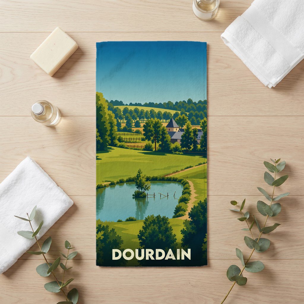 Serviette de bain souvenir de la ville de Dourdain avec une illustration de paysage champêtre.