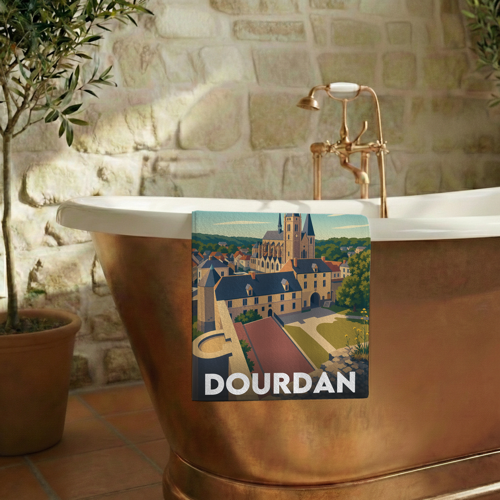 Serviette de bain souvenir de la ville de Dourdan avec une illustration stylisée de son architecture historique.