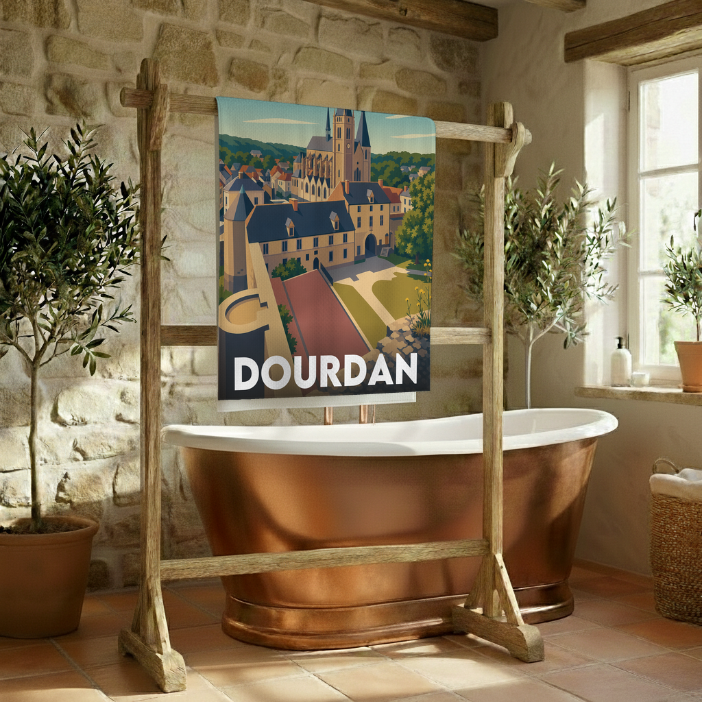 Serviette de bain souvenir de la ville de Dourdan avec une illustration stylisée.