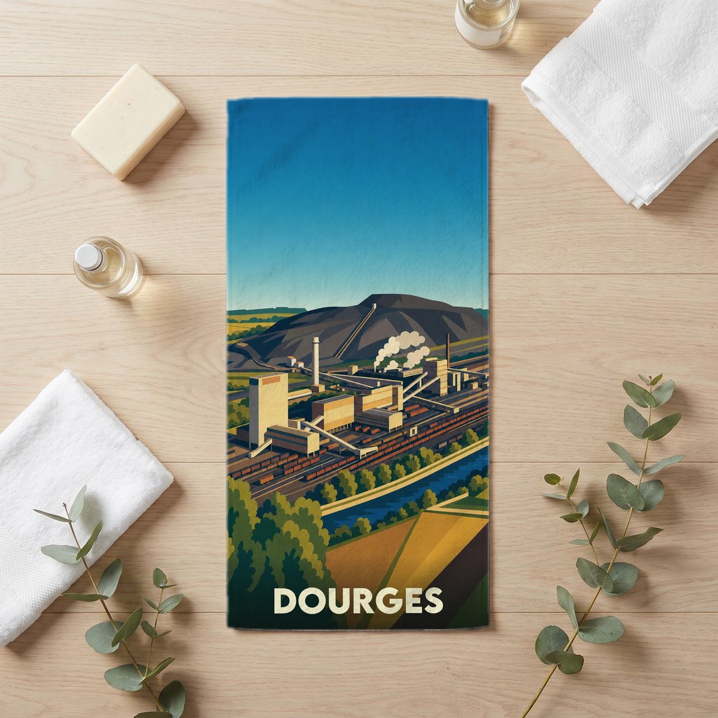 Serviette de bain souvenir de la ville de Dourges illustrée d'un paysage industriel stylisé.