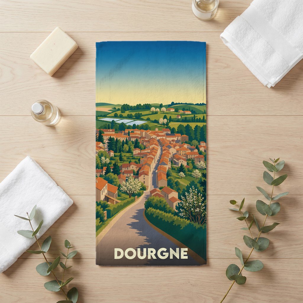 Serviette de bain souvenir de la ville de Dourgne avec une illustration stylisée de son paysage urbain et rural.