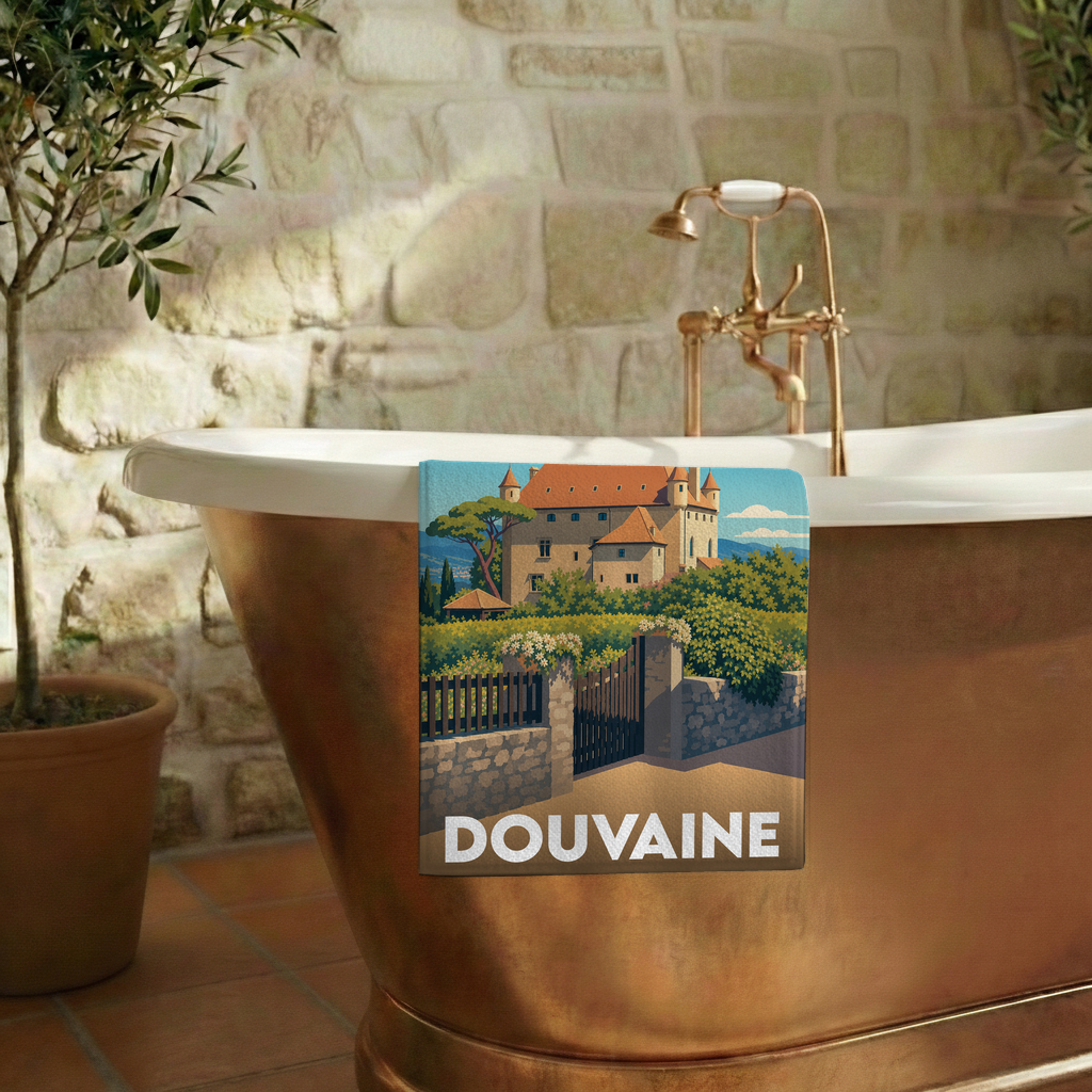 Serviette de bain souvenir de la ville de Douvaine avec une illustration stylisée.