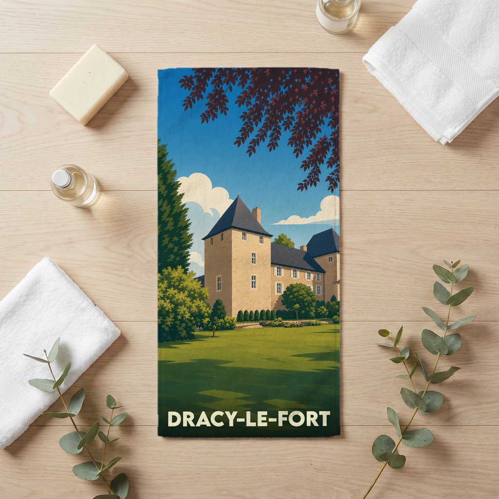 Serviette de bain souvenir de la ville de Dracy-le-Fort avec une illustration stylisée de son château.