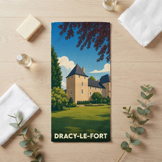 Serviette de bain souvenir de la ville de Dracy-le-Fort avec une illustration stylisée de son château.