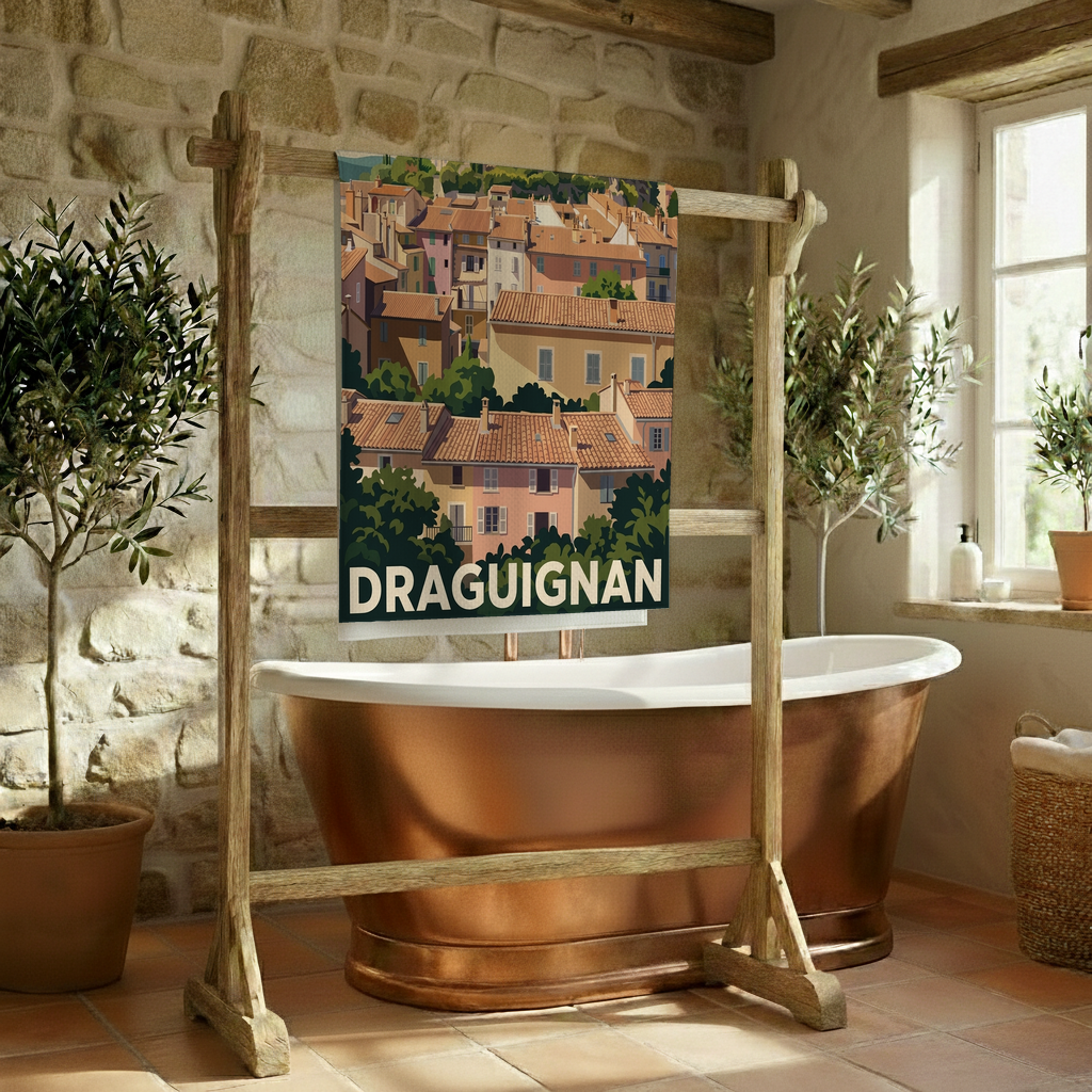 Serviette de bain souvenir de la ville de Draguignan avec une illustration stylisée.