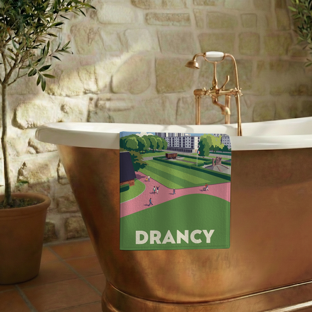 Serviette de bain souvenir de la ville de Drancy avec une illustration stylisée.