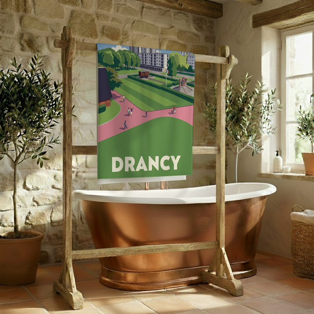 Serviette de bain souvenir de la ville de Drancy avec une illustration stylisée.