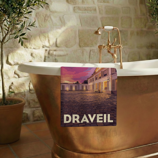 Serviette de bain souvenir de la ville de Draveil avec une illustration stylisée.