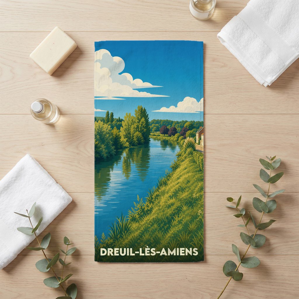 Serviette de bain souvenir de la ville de Dreuil-lès-Amiens avec une illustration stylisée des bords de la Somme.