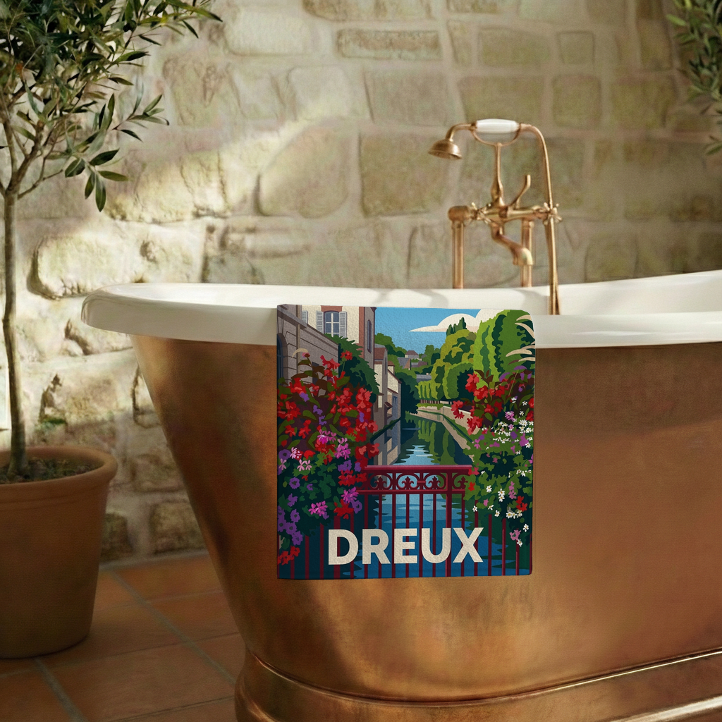 Serviette de bain souvenir de la ville de Dreux avec une illustration stylisée.