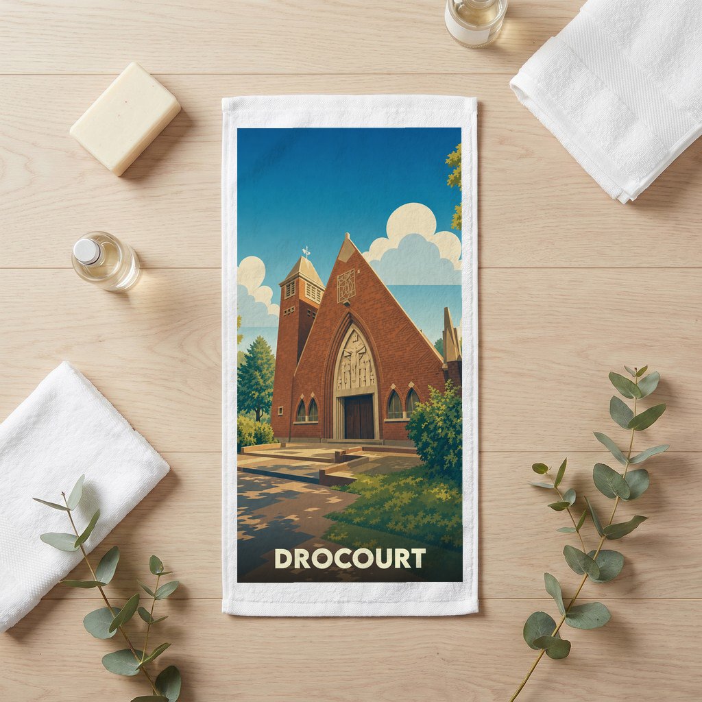 Serviette de bain souvenir de la ville de Drocourt avec une illustration stylisée de son église.