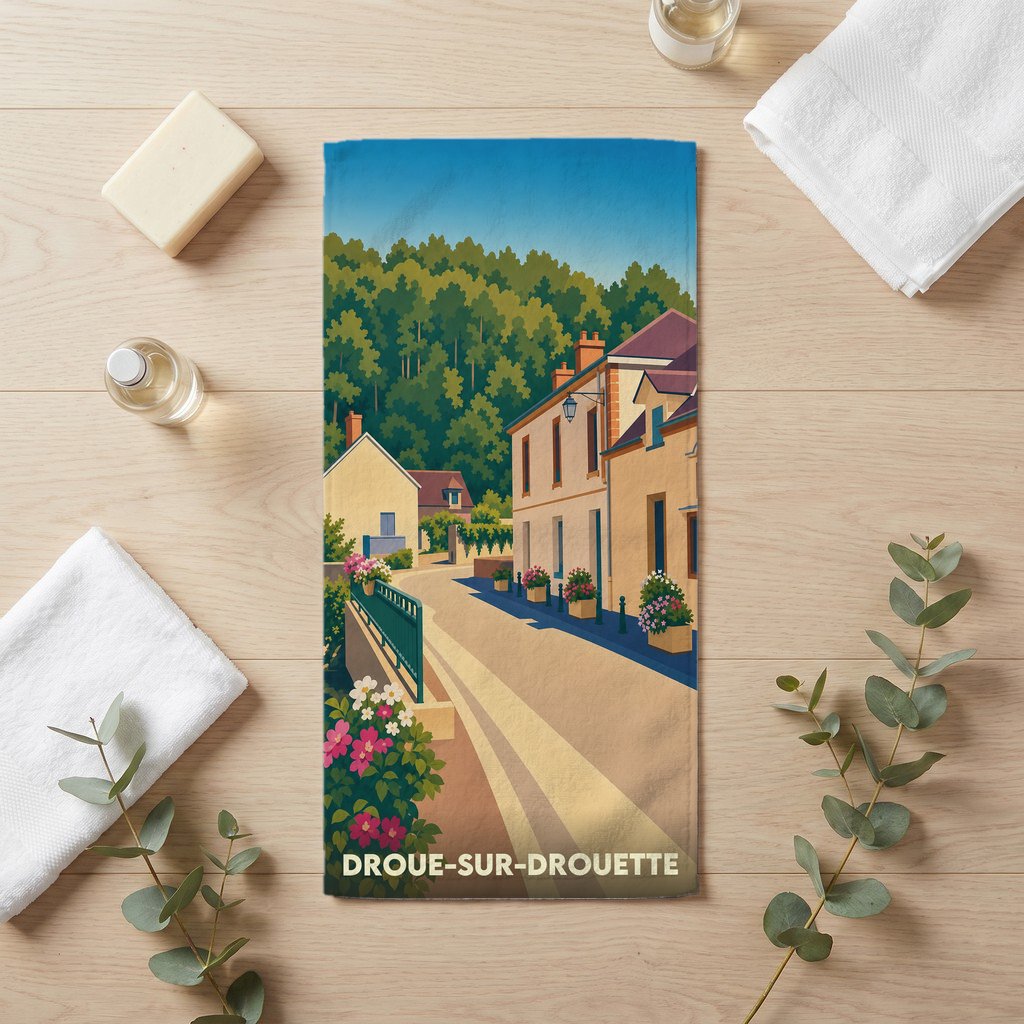 Serviette de bain souvenir de Droue-sur-Drouette avec une illustration stylisée d'une rue fleurie et d'un village.