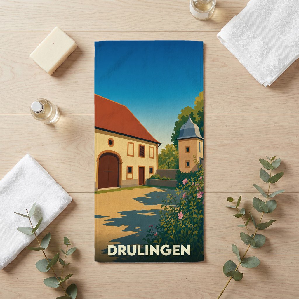 Serviette de bain souvenir de la ville de Drulingen avec une illustration stylisée.