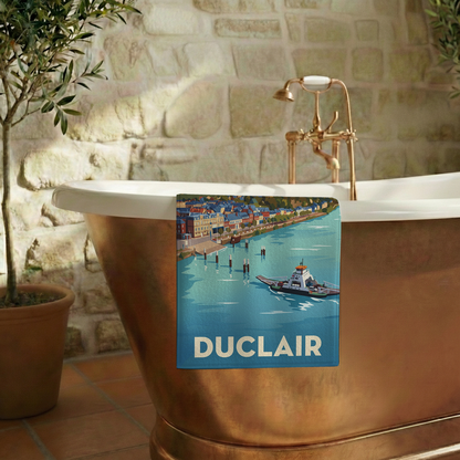 Serviette de bain souvenir de la ville de Duclair avec une illustration stylisée.