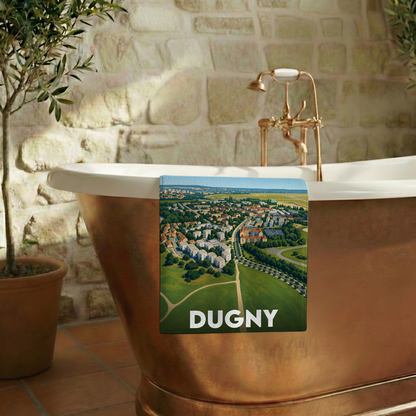 Serviette de bain souvenir de la ville de Dugny avec une illustration aérienne stylisée.